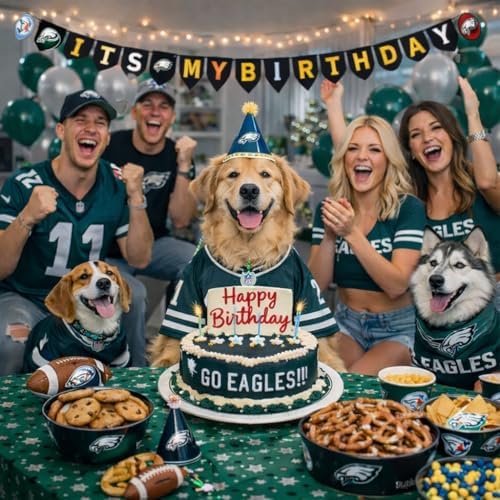 NFL Philadelphia Eagles Birthday Party Banner Licensed Football Team Dog & Cat Birthday Decoration, NFL Dog Birthday Party Set and Costume, Football Fan Pet Party Supplies, Team-Themed Pawty Celebration Backdrop for Birthday Photos