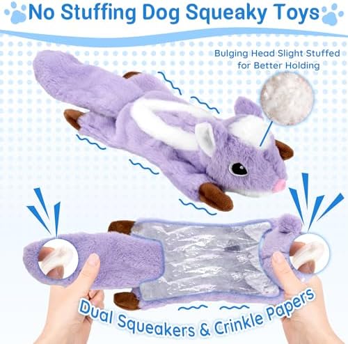 LECHONG 5-Pack Fluff-Free Squeaky Dog Toys - Crinkle No-Stuffing Body & Lightly Filled Head with Treat Hiden Pocket, Dog Toys Bundle for Aggressive Chewers Small Medium Large Dogs to Keep Them Busy