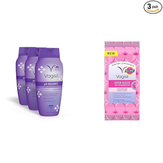 Vagisil Feminine Wash for Intimate Area Hygiene, pH Balance, Gynecologist Tested, Hypoallergenic, 12 oz, (Pack of 3) & Odor Block Daily Freshening Wipes for Feminine Hygiene in Resealable Pouch