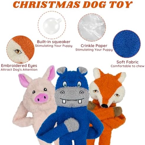 3 Pack No Stuffing Crinkle Squeaky Plush Dog Toy