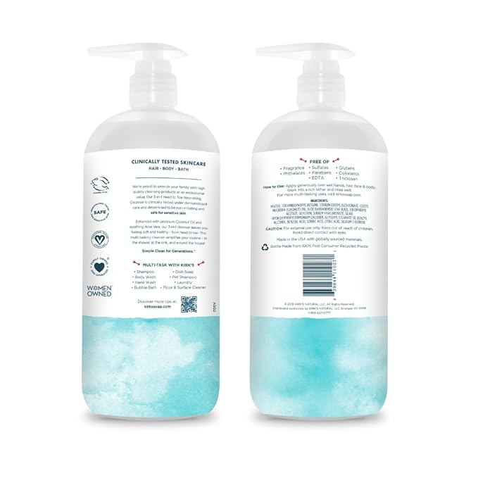 Kirk's 3-in-1 Head to Toe Nourishing Liquid Cleanser- for Men, Women & Children - Premium Coconut Oil & Aloe Vera- Non GMO & Vegan -Fragrance Free - 32 Fl Oz. - 2 Pack
