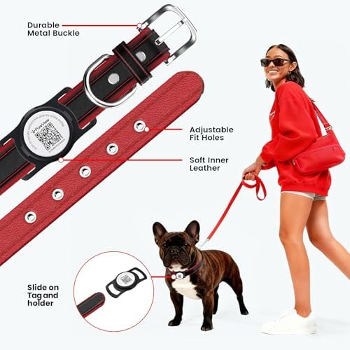 French Bulldog Leather Dog Collar with Holder for AirTag, Gift Set with 3 Brindle Frenchie QR Code Dog Tags (Dual Safety) & 2 Sticker Sheets,Personalized Frenchie Accessories, M