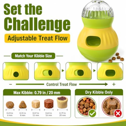 HCY&WLD Dog Interactive Puzzle Toy Adjustable Treat Dispensing Ball (Green) | Sturdy Material, Self-Righting Wobble Base, Indoor Enrichment, Slow Feeder, Smarter Play, Mental Stimulation, Boredom Buster