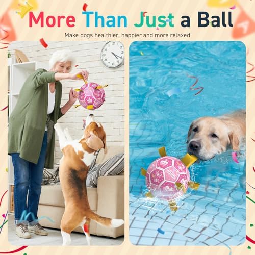 QDAN Dog Birthday Toys, Puppy Gifts, Dog Soccer Ball with Straps, Pink | 8 Inch Outdoor Herding Balls for 30-90 lbs Dogs, Interactive Training Soccer Toy for Tug of War, Dog Ball to Keep Them Busy