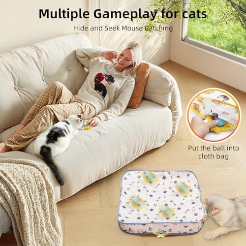 Interactive Cat Toy Ball, Automatic Moving Cat Ball in Pouch,Interactive Cat Toys for Indoor Cats,Motion Activate Cat Toy Hide and Seek Mouse Catching Game ,Kitten Toys, Play Mat for Cats(Square）