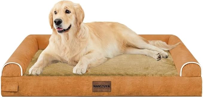 Orthopedic Dog Bed for Large Dogs, 36 x 27 Inch, Orange | Egg crate foam for joint support, 3-sided bolster pet sofa, waterproof lining, washable cover, and non-skid base