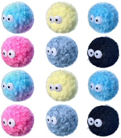 Assorted Color Cat Ball Toys, Irregular Shape Woolen Yarn Puffs Pom Balls Interactive Kitten Chasing Toys Cat Chase Balls (Multicolored 12Pcs)