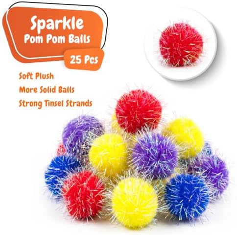 Shizhoo 50 Count 1.2 Inches Pom Pom Balls, Interactive Cat Toy for Indoor Kittens, 25 Pcs Sparkle and 25 Pcs Simple Pompoms are Included for Exercise, Training & Boredom Relief