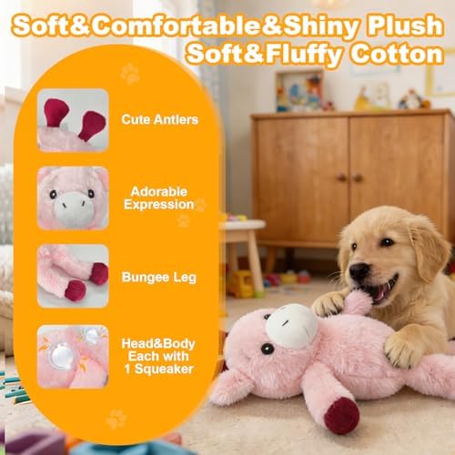 14.17 Inch Pink Giraffe Squeaky Dog Toy, Plush Chew Toy with Bungee Legs for Puppy Teething, Indoor Outdoor Interactive Toy for All Dog Sizes