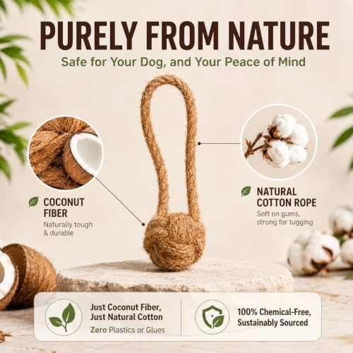 Canophera COCOBall Dog Chew Toy – Natural Coconut Fiber Ball with Cotton Rope, Durable Interactive Chew, Tug & Fetch Toy for Medium, Supports Dental Health & Boredom Relief