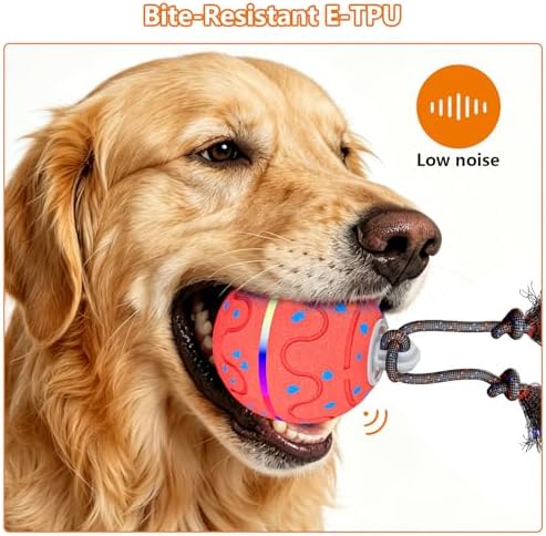Interactive Dog Ball Toy with 2 Rope, Automatic Rolling & Bouncing Smart Dog Toy with Bird Chirping Sound and LED Light, Soft ETPU Chew-Safe Material, USB Rechargeable, for Medium & Large Dogs