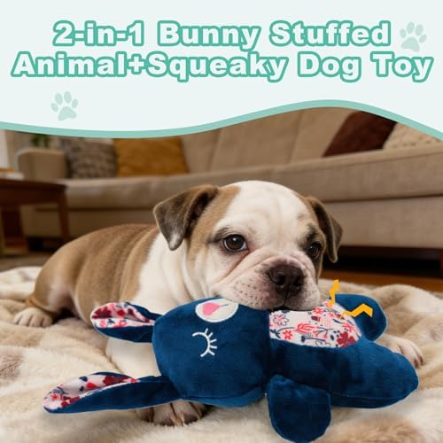 10.24 Inch Blue Bunny Squeaky Dog Toy, Soft Plush Chew Toy for Puppy Teething, Indoor Outdoor Interactive Toy for All Dog Sizes
