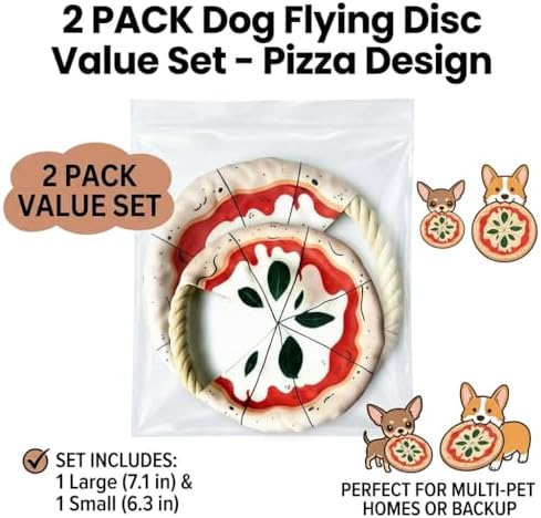 Dog Frisbee 2 Pack Pizza Pattern with Rope - Cotton Knot Oxford Fabric Flying Disc for Small Medium Dogs Indoor Outdoor Fetch Tug Toy