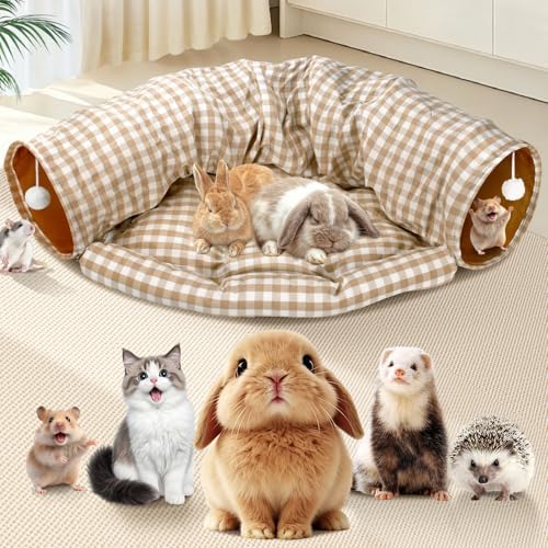 Spardar 2-in-1 Bunny Tunnel Bed, with Removable Mat Hideout, Checkered