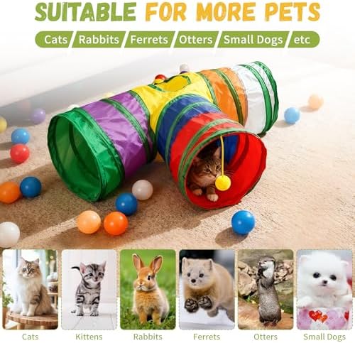 Cat Tunnel,Cat Tunnels for Indoor Cats Interactive, Pet Tunnel Toys for Cats Kitten Rabbits,3 Way Collapsible,Rainbow L 32" T Shape