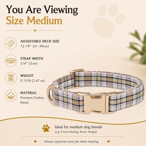 Soft Cotton Dog Collar Classic Plaid Pet Collars with Metal Clasp for Medium Dogs with Sensitive Skin, Creamy Countryside