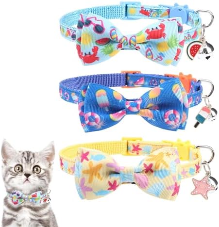 KOOLTAIL Cat Collar Breakaway with Bow Tie and Bell, 3 Pack Fancy Blue Ocean Theme Kitten Collars with Cute Charm Pendant & Safety Buckle, Adjustable Soft Collars for Boys Girls Kitty