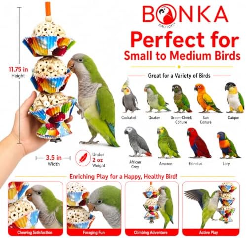 Bonka Bird Toys 1931 Three Cake, 11.75" Hanging Bird Toy with Sola Balls, Cupcake Cups, Wooden Beads, Bell, and Straw, Chewable and Shreddable.