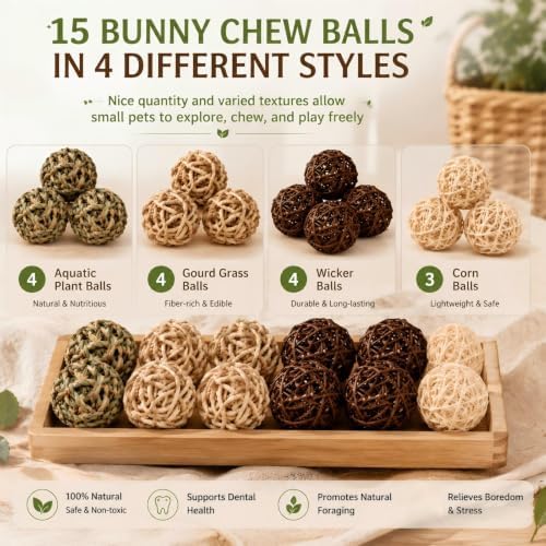 Skylety 15 Pcs Bunny Chew Balls Grass Toys for Rabbit Guinea Pig Hamster
