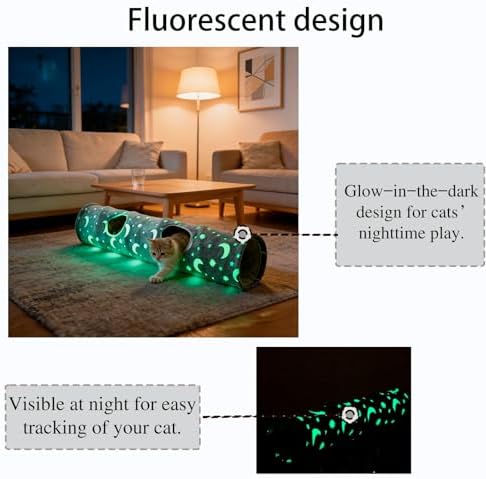 Glow-in-the-Dark Cat Tunnel for Indoor Cats Large Foldable Cat Play Tunnel with Hanging Ball 2 Peepholes Interactive Cat Toy for Kittens Pet Tunnel for Small Dogs Cat Tube for Indoor Cats