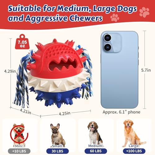 Dog Chew Toys Floating 4" Squeaky Ball for Aggressive Chewers Toothbrush Teething Cleaning Toys Outdoor Swimming Interactive Tough Toys with Treat Dispenser Ball for Medium and Large Dogs