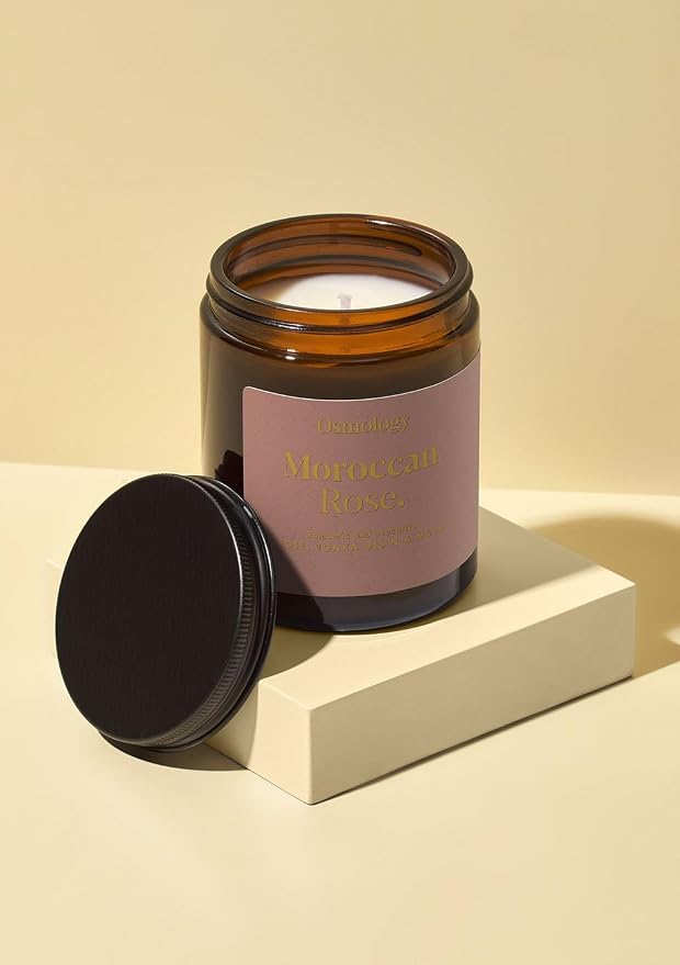 Osmology Moroccan Rose Aromatherapy Candle – Rose, Tonka Bean & Musk Scented Candle, Plant-Based Wax in Amber Apothecary Jar, 7 oz, 50 Hour Burn Time, Floral & Musky Candle