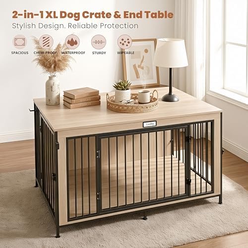 48" XL Dog Crate Furniture for Large Dogs,Farmhouse Light Oak Wood Dog Kennel, Heavy DutyAnti-Chew Steel Frame, Escape Proof Pet Crate, 3Door Indoor Dog House, TV Stand EntertainmentCenter 350LB