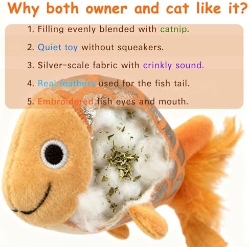 Cat Toy Fish with Feather Tail, Orange Plush Interactive Pet Toy with Crinkle Scales