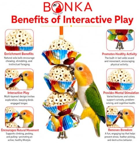Bonka Bird Toys 1931 Three Cake, 11.75" Hanging Bird Toy with Sola Balls, Cupcake Cups, Wooden Beads, Bell, and Straw, Chewable and Shreddable.