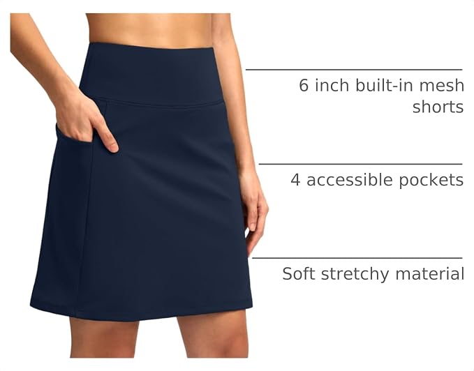 Women's 18" Skorts with 4 Side Pockets High Waisted Long Golf Skirt | Soft, Lightweight, Stretch, Breathable, Mesh Built-in Shorts, Athletic, Tennis, Dressy, Casual