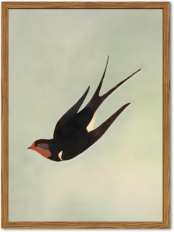 Framed Vintage Bird Wall Art, Sage Green Flying Swallow Pictures Wall Decor, Minimalist Japandi Nature Paintings Canvas Prints Modern Home Decor for Living Room Bedroom Bathroom Office 12x16 Inch