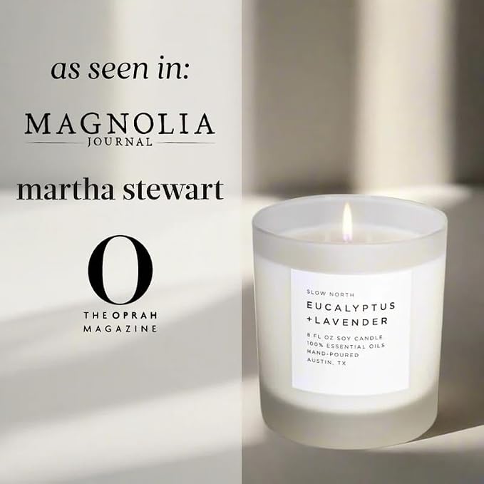 Slow North Eucalyptus + Lavender Candle - Essential Oils and Pure Soy Wax Candle in a Reusable Frosted Glass Jar - A Unique Scented Candle Hand-Poured in the USA (8 oz)