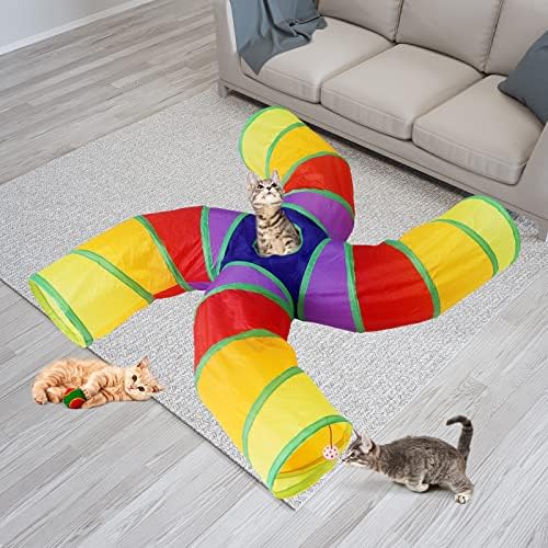 Bemodst S-Type Cat Tunnel, 2 Way/3 Way/4 Way/5 Way Collapsible S-Shape Small Animal Tubes Kitty Tunnels Interactive Maze House Toy with Storage Bag for Kitten Puppy Rabbit Guinea Pig (Rainbow-4 Way)