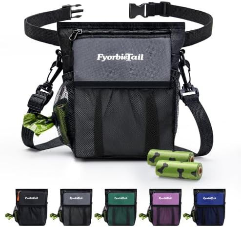 Dog Treat Pouch, 4 Cup Training Bag, Magnetic Closure, 3 Way Wear, Gray | 600D waterproof Oxford fabric, multi pocket storage, zipper and mesh pockets, pull out poop bag dispenser, includes 2 rolls