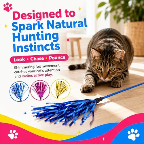 ADUCK Tinsel Cat Wand Toys for Indoor Cats, Interactive Kitten Toys, 3 Pack