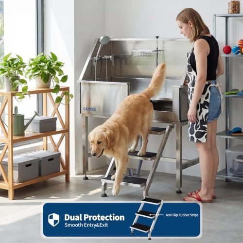 Professional Stainless Steel Dog Washing Station 46 Inch – Heavy Duty Pet Grooming Bathtub – Brushed Finish – Access Stairs – Ideal for Home or Salon – Right Opening Door