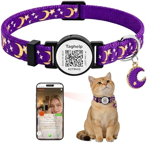 Cat Collar Stars and Moon, Reflective no Bell, Solid & Safe Collars for Cats, Nylon, Kitty Collars, Pet Collar, Breakaway Cat Collar with Smart ID Tags for Boy & Girl,NO APP (Purple)