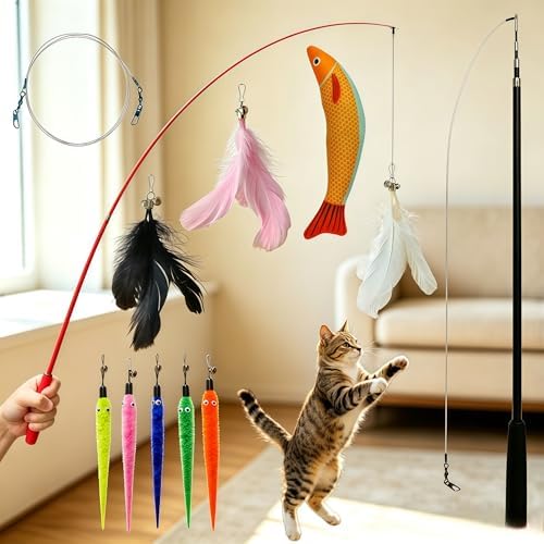 12PCS Interactive Cat Wand Toy Set, 2PCS Retractable Cat Teaser with 10 Replacement Refills (Feathers, Worms, Fish, Extra String), Extendable Cat Fishing Pole for Indoor Cats Exercise & Play