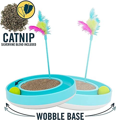 OurPets Wobble Scratch Track Cat Toy - Interactive Cat Toys for Indoor Cats with Ball Track That Rolls; Feather Wand and Scratcher Pad. Great as a Kitten Toy for Self Play to Keep Them Busy