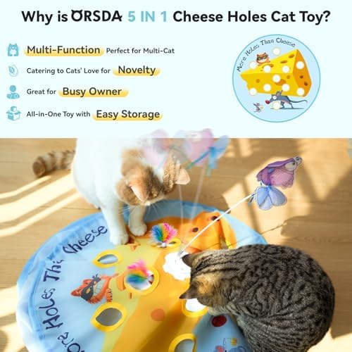 ORSDA Interactive Cat Toys for Indoor Cats, 5-in-1 Hide and Seek Kitten Toys, Interactive Automatic Rechargeable Electric,Whack-A-Mole Exercise Kicker Toy for Indoor Cats
