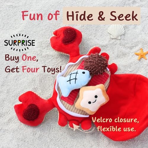Hide and Seek Plush Dog Toys, Crab Interactive Toy for Small Dogs, Red Puppy Puzzle Squeaky Toys with Crinkle Papers, Durable Snuffle Dog Toys for Medium Pet