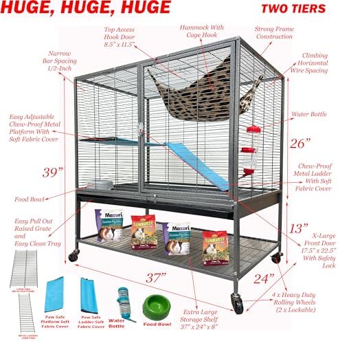 XX-Large 37"x24"x39"H Two Tiers Chew-Proof Large Double Large Front Doors Tight 1/2-inch Wire Spacing for Feisty Ferret Hammock Chinchilla Cat Sugar Glider Home On Wheels