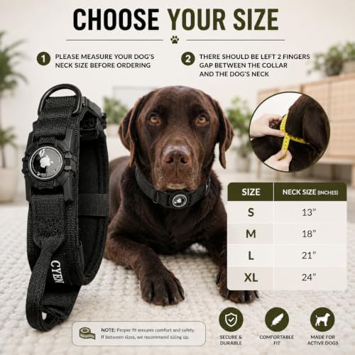 Heavy Duty Tactical Dog Collar with Tracker Pocket,Adjustable GPS Tracking Collar for Small, Medium & Large Dogs, Compatible with Compact Smart Trackers,Control Handle for Added Security (Black, XL)