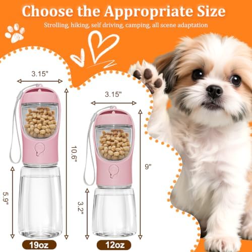 Portable Dog Water Bottle with Food Container, Pink, 19oz