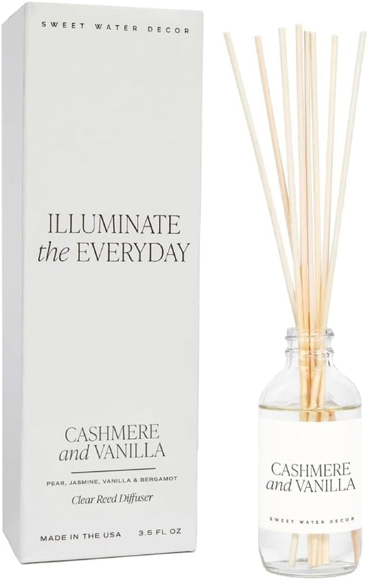 Sweet Water Decor Non-Toxic Cashmere and Vanilla Reed Diffuser Set, Cashmere, Sandalwood, Milky Coconut, Bourbon Vanilla Scented Diffuser for Home, Light Fragrance, Made in the USA, 3.5 FL OZ