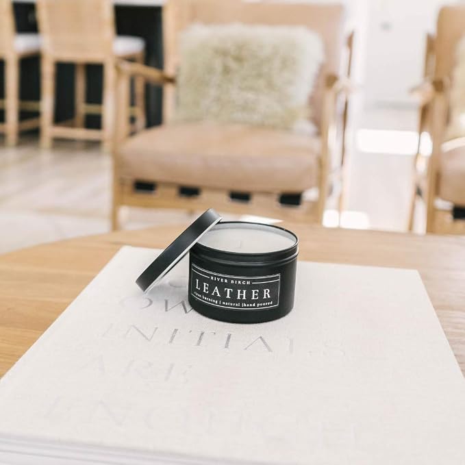 Leather Scented Candle | (Smells Just Like Leather) Scented Candles for Men & Women | All-Natural Non-Toxic Soy Candles, Scented Candles | Tin Travel Candle | Relaxing Aromatherapy Matte Black 8 oz