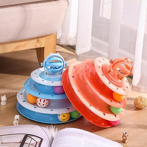 Vealind Cat Toy Roller 4-Level Turntable Cat Toys Balls with 14 Pcs Colorful Pom Pom Balls Interactive Fun Mental Physical Exercise Puzzle Kitten Toys (Orange)