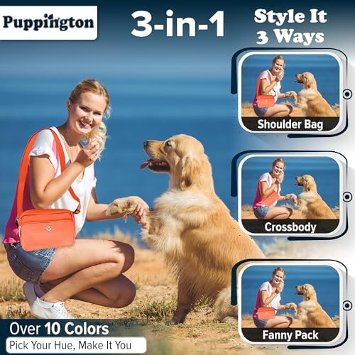 Puppington 3-in-1 Crossbody Bag & Dog Treat Pouch for Pet Training - Matching Poop Bags & Built-in Poop Bag Dispenser - Zippered Pockets - Dog Walking Bag for Office to Off-Leash (Poppy Orange)