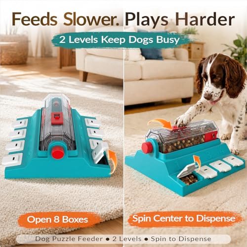 KADTC 2-Level Dog Puzzle Toy Rotating Treat Dispenser for Medium/Large Dogs | XL. 5-cup capacity. Longer meals. Adjustable food flow. Burn energy. Beat boredom. Build brainpower. Meals become enrichment.