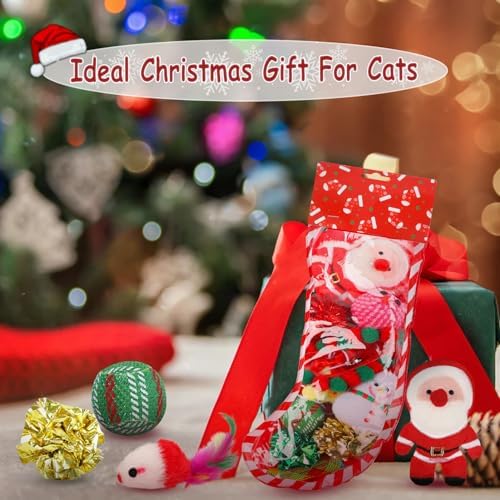 Christmas Stocking Cat Toys - 12Pcs Interactive Set for Cats with Squeaky Toys, Balls, Cat Teasers